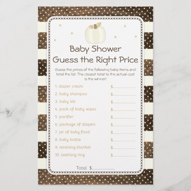 Rustic Pumpkin Baby Shower Price Game, Ivory Gold (Front)