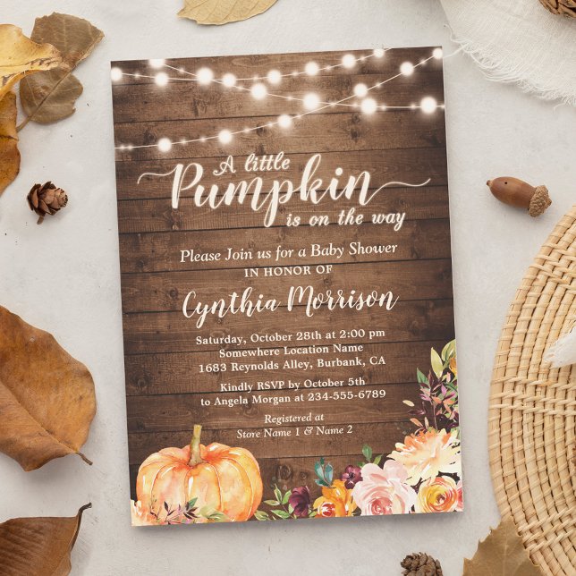 Rustic Pumpkin Baby Shower String Lights Floral Invitation (Creator Uploaded)