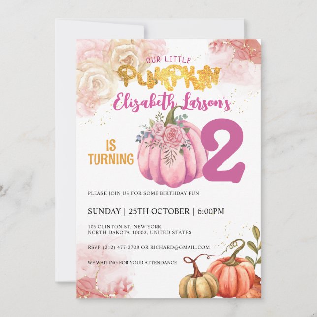 Rustic Pumpkin Birthday Glitter Watercolor Invitation (Front)