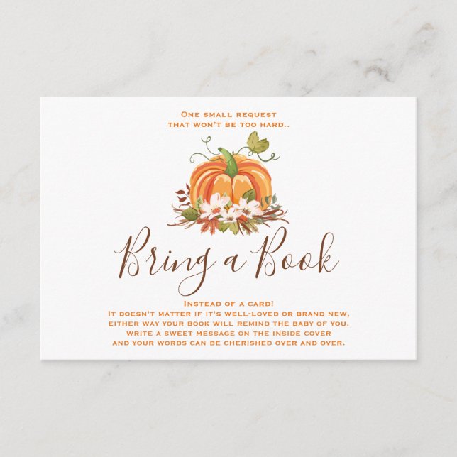 Rustic Pumpkin Bring a book Fall Autumn Shower Enclosure Card (Front)