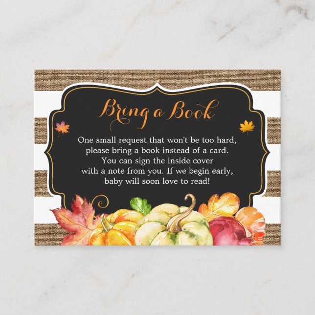 Rustic Pumpkin Burlap Baby Shower Book Request Enclosure Card (Front)