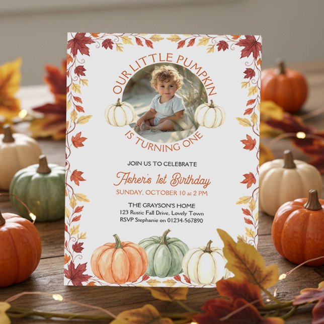Rustic Pumpkin Fall 1st Birthday Photo Boho Autumn Invitation (Little Pumpkin 1st birthday invitation with delicate rustic fall halloween theme by Darling & May)