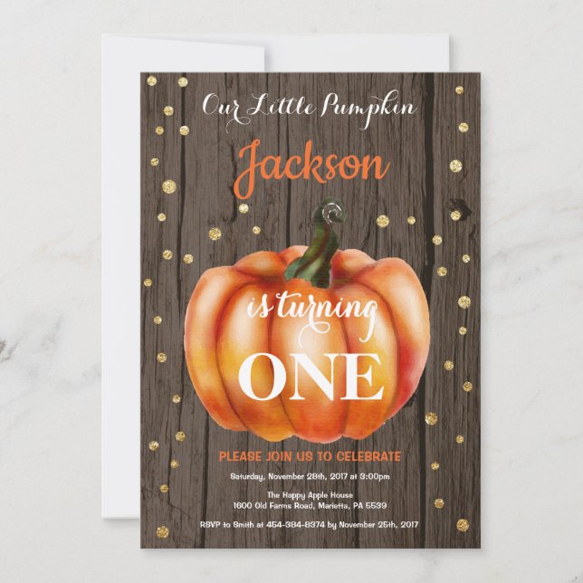 Rustic Pumpkin Fall Birthday Invitation Gold (Front)