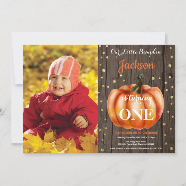 Rustic Pumpkin Fall Birthday Invitation Gold (Front)