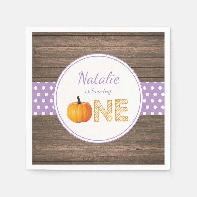 Rustic Pumpkin Fall First Birthday Party Purple Napkin (Front)