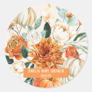 Rustic Pumpkin Fall floral autumn Baby Shower Classic Round Sticker