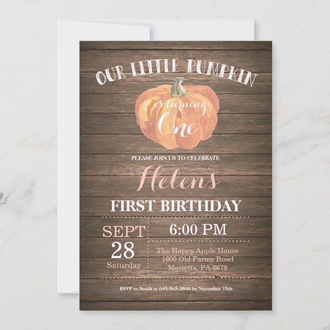 Rustic Pumpkin First Birthday Invitation (Front)