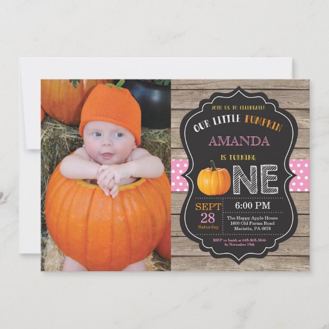 Rustic Pumpkin First Birthday Invitation Pink (Front)