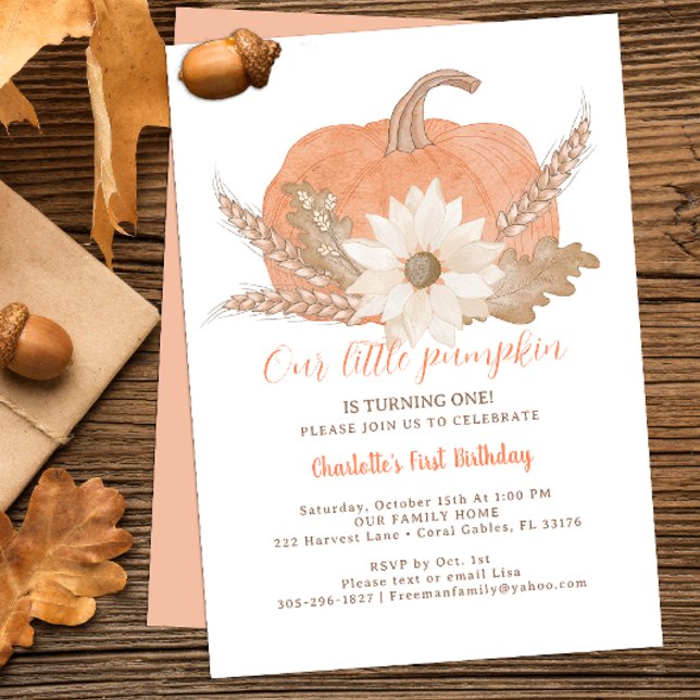 Rustic Pumpkin First Birthday Invite (autumn pumpkin 1st birthday party invitation)
