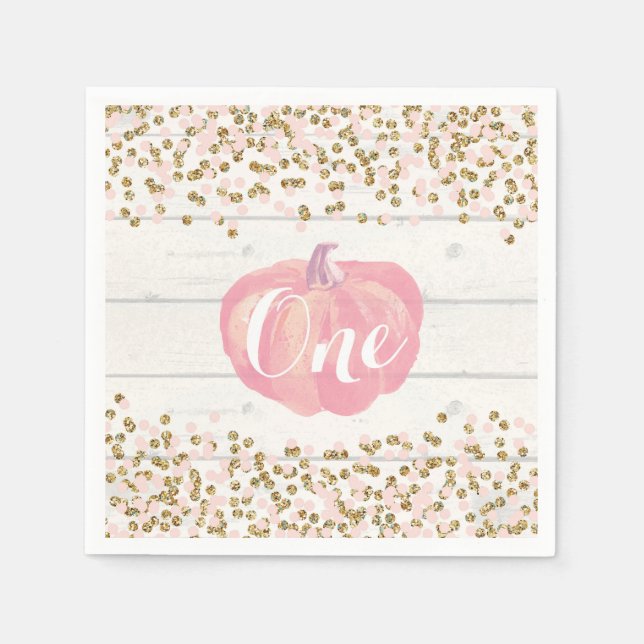 Rustic Pumpkin First Birthday Pink and Gold Napkin (Front)