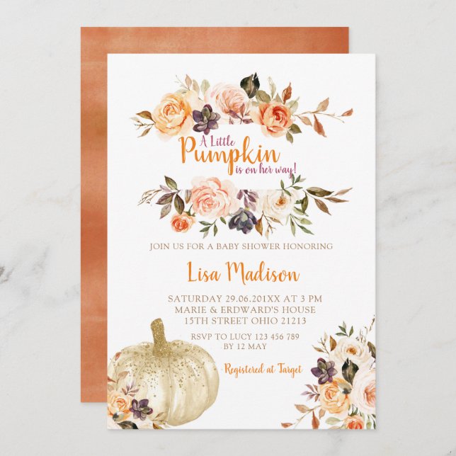 Rustic Pumpkin Floral Baby Shower  Invitation (Front/Back)