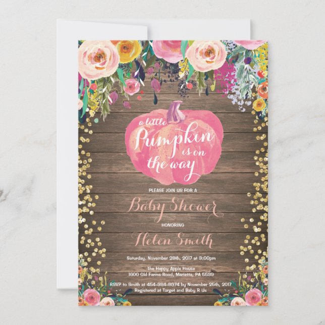 Rustic Pumpkin Floral Girl Baby Shower Invitation (Front)