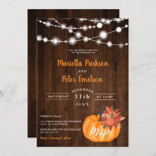 Rustic pumpkin floral wood lights fall wedding invitation