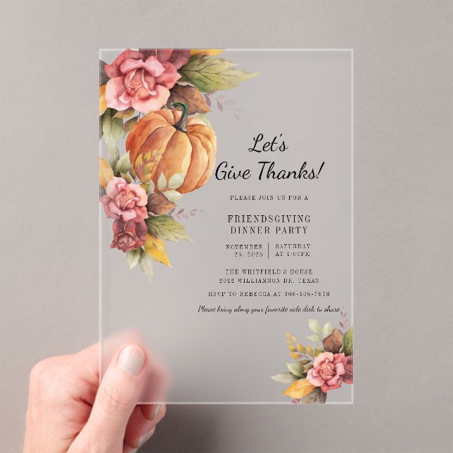 Rustic Pumpkin Friendsgiving Acrylic Invitations (Insitu (Handheld))
