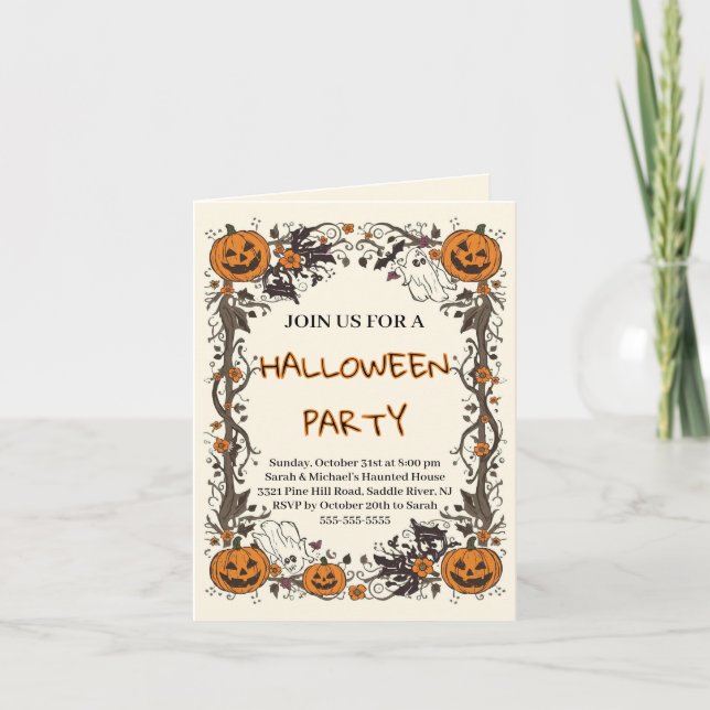 Rustic Pumpkin & Ghost Spooky Fall Halloween Party Invitation (Front)