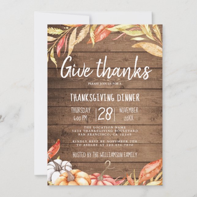 Rustic Pumpkin Golden Foliage Thanksgiving Dinner Invitation (Front)