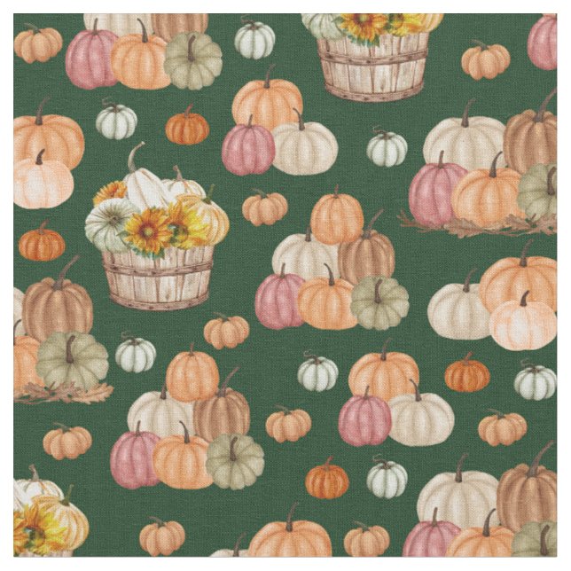 Rustic Pumpkin Harvest on Forest Green Fabric (Close Up)