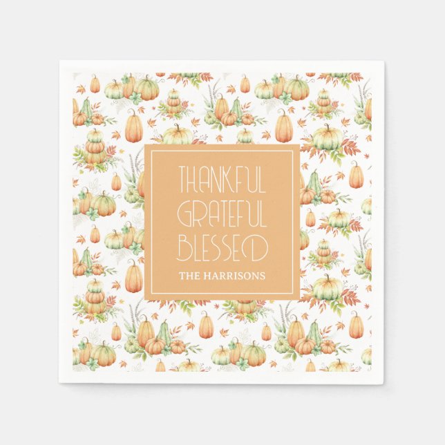 Rustic Pumpkin Leaves Thankful Grateful Blesses Napkin (Front)
