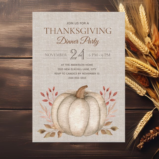 Rustic Pumpkin Linen Thanksgiving Dinner Party   Invitation (Rustic white pumpkin on linen-like background Thanksgiving Dinner invitation)