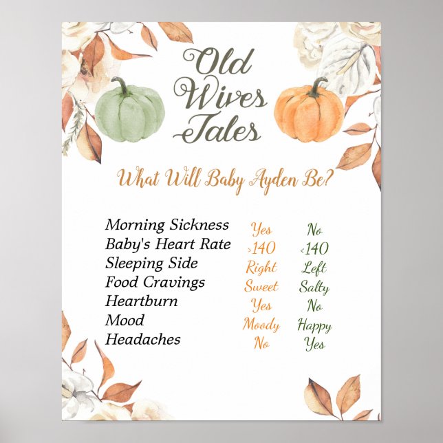 Rustic Pumpkin Old Wives Tales Gender Reveal Board Poster (Front)