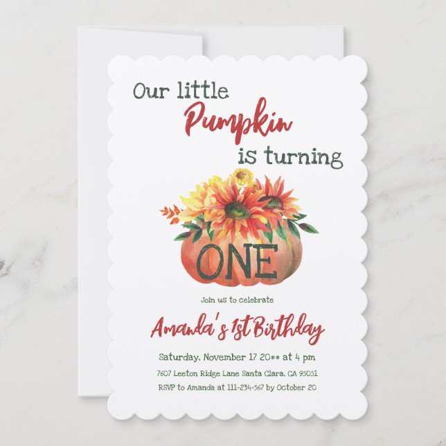 Rustic Pumpkin One Floral Fall First Birthday Invitation (Front)