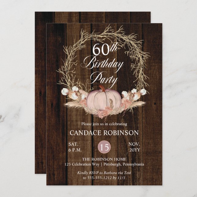 Rustic Pumpkin Pampas Wreath 60th Birthday Party Invitation (Front/Back)