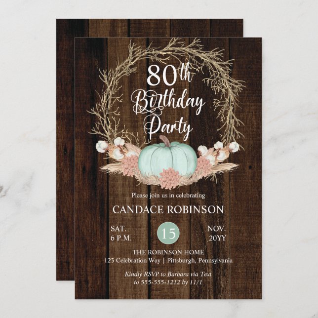 Rustic Pumpkin Pampas Wreath 80th Birthday Party I Invitation (Front/Back)