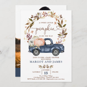 Rustic Pumpkin Pickup Truck Navy Blue Baby Shower Invitation