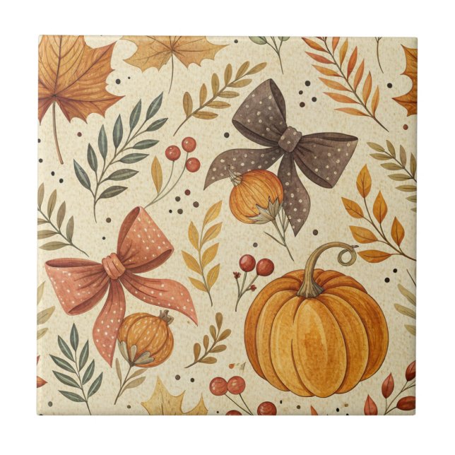 Rustic Pumpkin Terracotta Bow Fall Harvest Tile (Front)