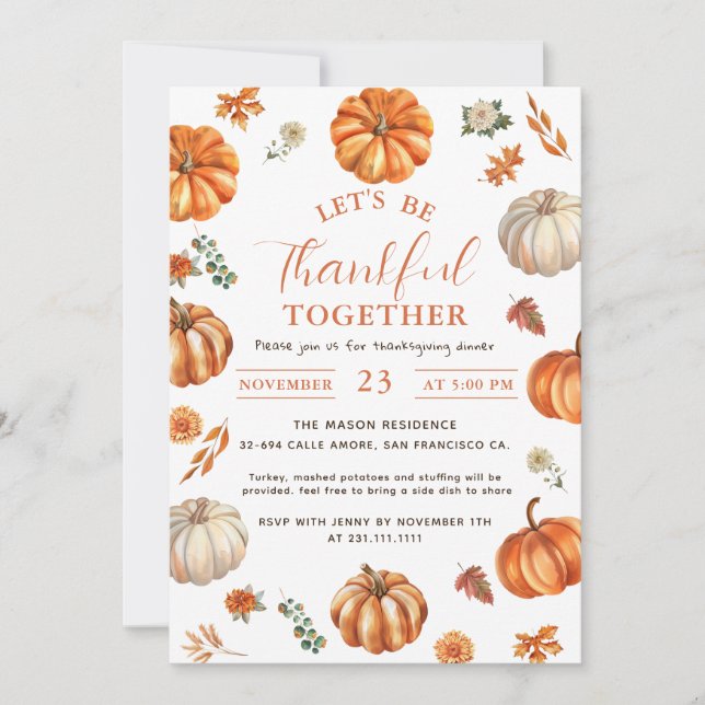 Rustic Pumpkin Thankful Thanksgiving Dinner Invitation (Front)