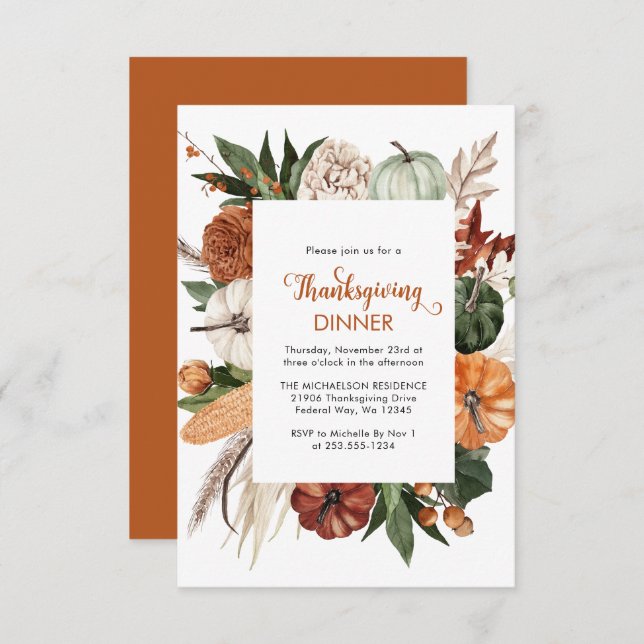 Rustic Pumpkin Thanksgiving Dinner Card (Front/Back)