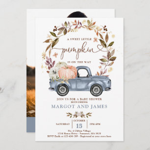 Rustic Pumpkin Truck Dusty Blue Baby Shower Invitation