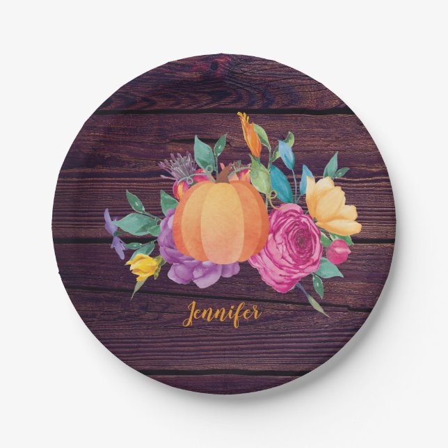 Rustic Pumpkin Watercolor Flowers Fall Party Paper Plate (Front)