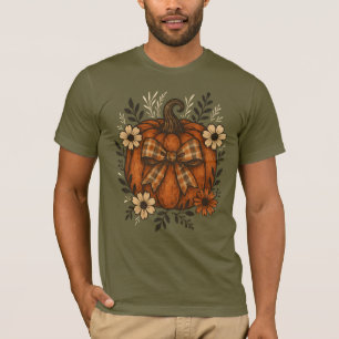 Rustic Pumpkin with Plaid Bow & Fall Flowers  T-Shirt
