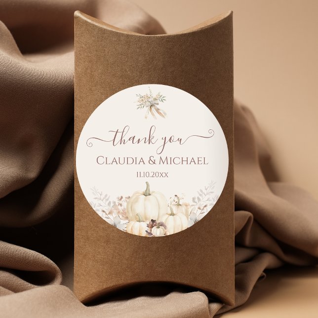 Rustic Pumpkins Elegant Fall Wedding Thank You  Classic Round Sticker (Creator Uploaded)