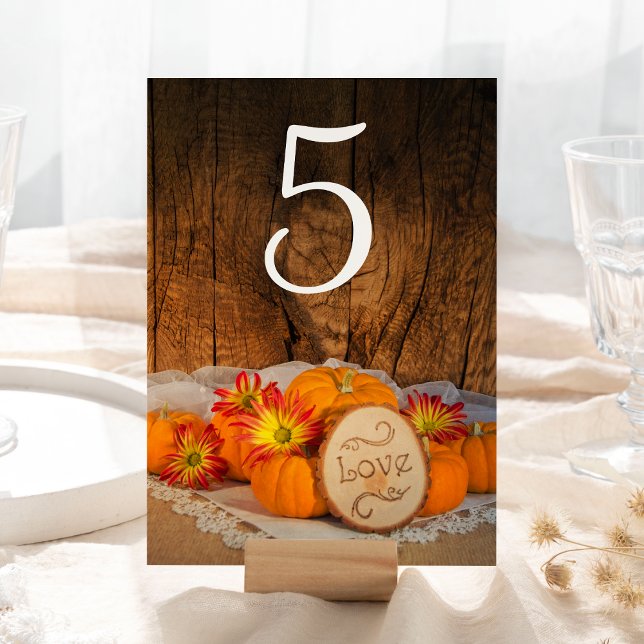 Rustic Pumpkins Fall Barn Wedding Table Numbers (Set the tables at your Autumn Event with the charming Rustic Pumpkins Fall Wedding Table Numbers.)