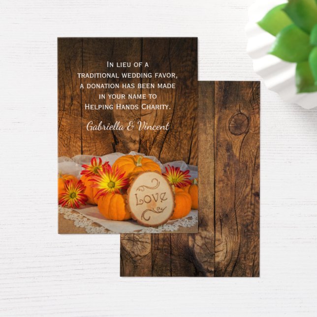 Rustic Pumpkins Fall Wedding Charity Favour Card (Desk)