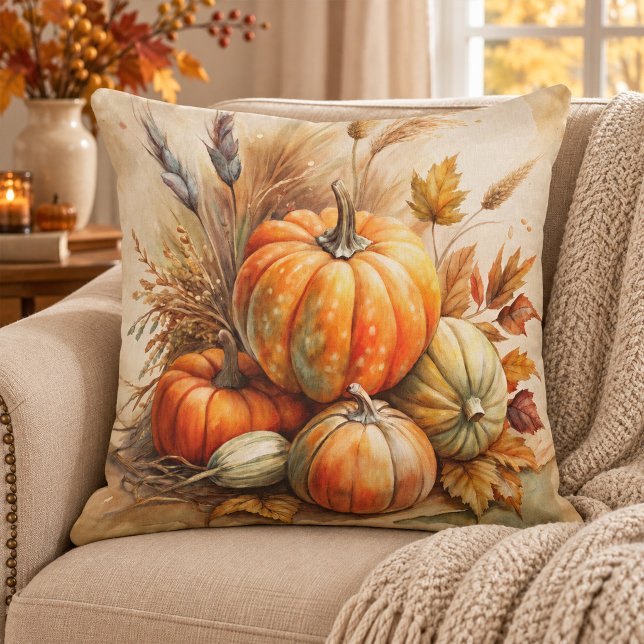 Rustic Pumpkins & Leaves Boho Fall Throw Pillow (Rustic Pumpkins & Leaves Boho Fall Throw Pillow)