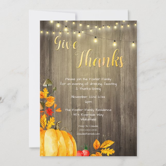 Rustic Pumpkins Lights & Barn Wood Thanks Giving Invitation (Front)