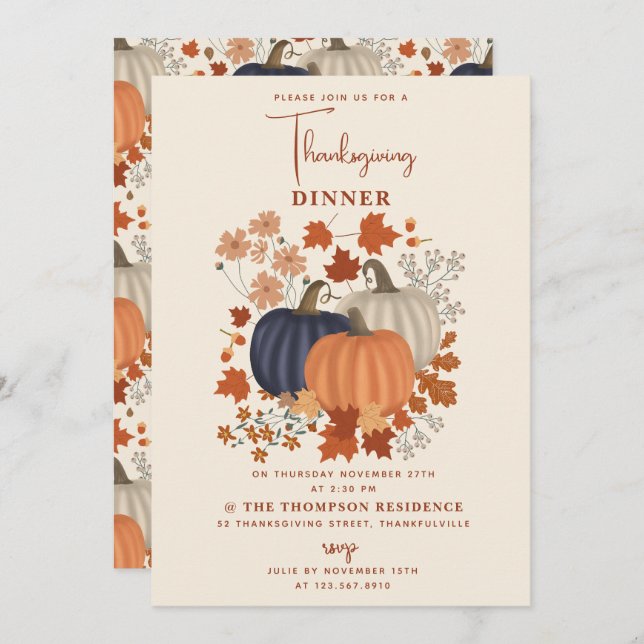 Rustic Pumpkins Wildflowers Thanksgiving Dinner Invitation (Front/Back)