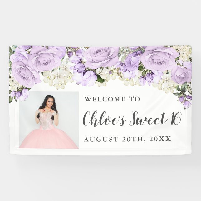 Rustic Purpl White Floral Photo Sweet 16 Party Banner (Horizontal)