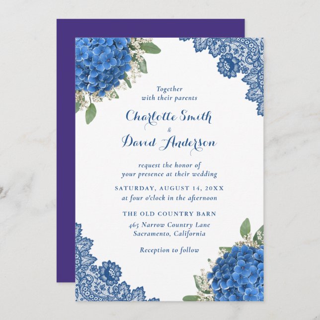 Rustic Purple and Blue Floral Wedding Invitation (Front/Back)