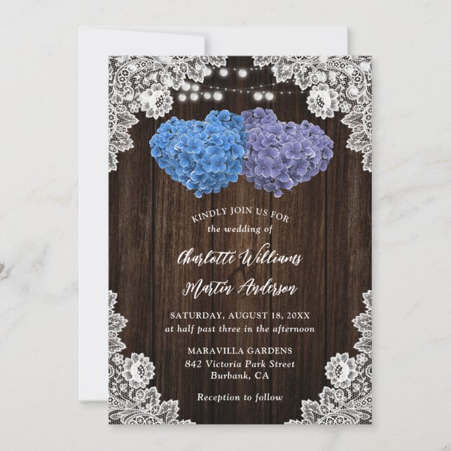 Rustic Purple and Blue Floral Wedding Invitation (Front)