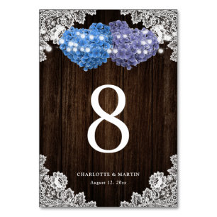 Rustic Purple and Blue Wood Lace Floral Table Number