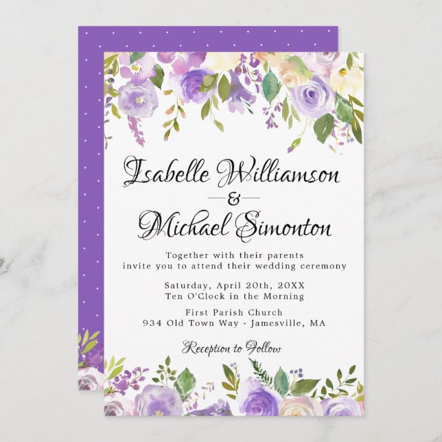 Rustic Purple and Cream Floral Wedding Invitation (Front/Back)