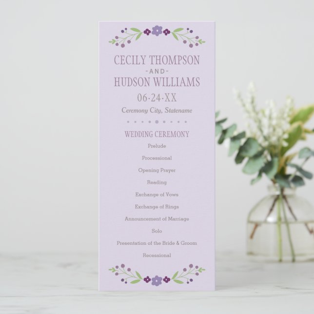 Rustic Purple and Green Floral Wedding Programme (Standing Front)