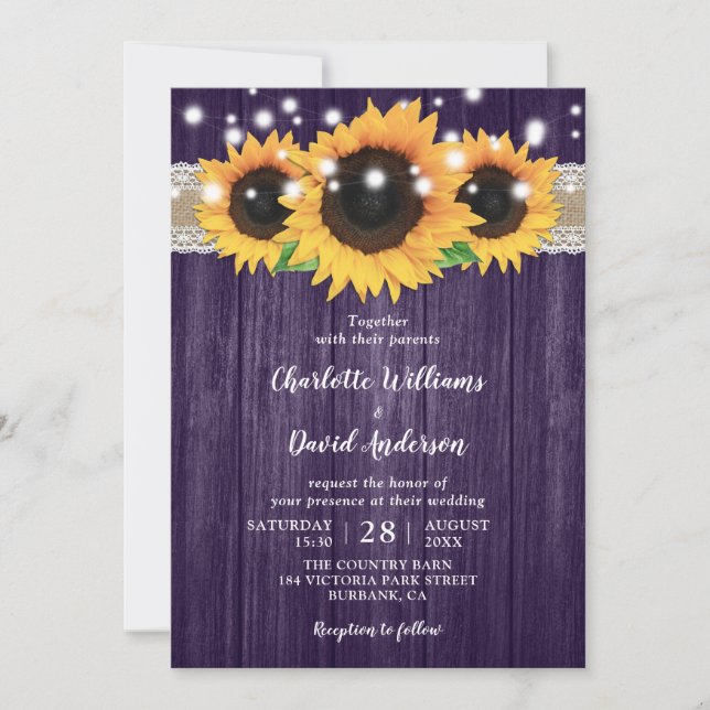Rustic Purple and Sunflower Wedding Invitations (Front)