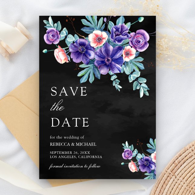 Rustic Purple Anemones Bouquet Black Wedding Save The Date (Creator Uploaded)