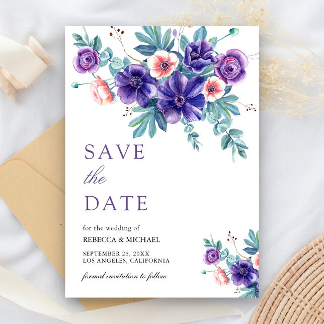 Rustic Purple Anemones Bouquet Wedding Save The Date (Creator Uploaded)