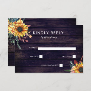 Rustic Purple Barn Wood Country Sunflowers Wedding RSVP Card